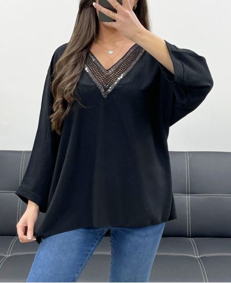 OVERSIZED TOP V-NECK SEQUINS PE0158 BLACK