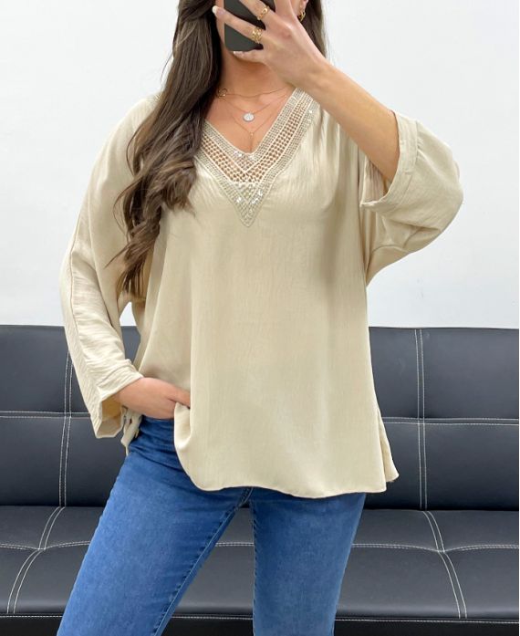 TOP OVERSIZE CON SCOLLO A V PAILLETTES PE0158 BEIGE