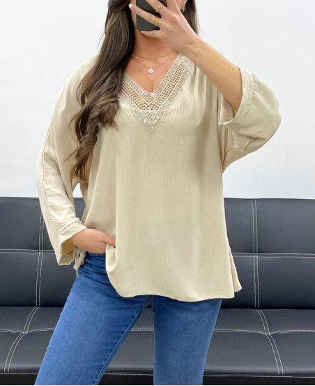 TOP OVERSIZE CON SCOLLO A V PAILLETTES PE0158 BEIGE