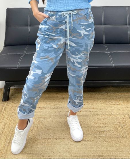 LOOSE CRINKLE-EFFECT CAMO TROUSERS PE1011 BLUE
