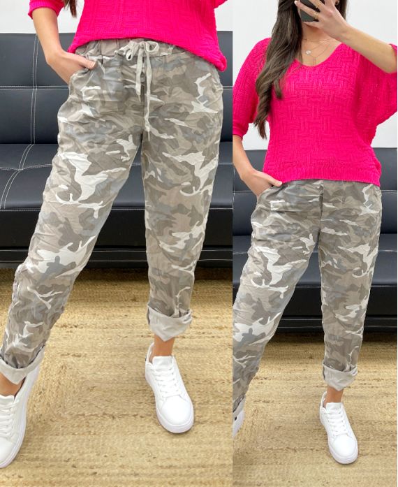 LOOSE CRINKLE EFFECT CAMO TROUSERS PE1011 BEIGE