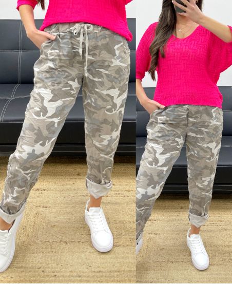 LOOSE CRINKLE EFFECT CAMO TROUSERS PE1011 BEIGE