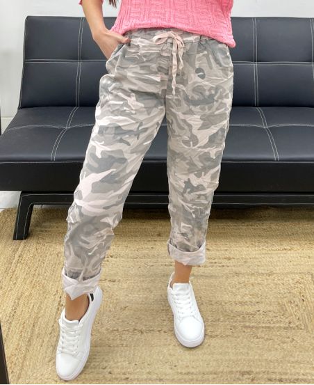 LOOSE CRINKLE EFFECT CAMO TROUSERS PE1011 PINK