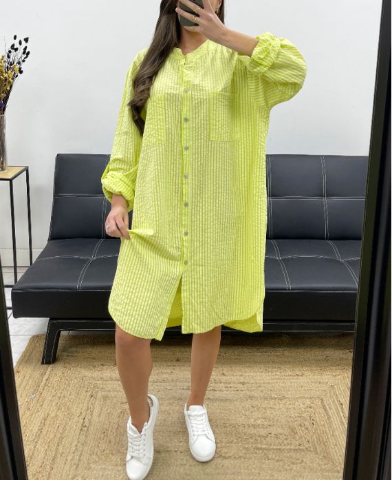 SUKIENKA KOSZULOWA W PASKI PLUS SIZE 2 KIESZENIE PE0078 LIMONKOWA