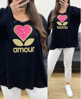 PULL AMPLE LEGER FLOCAGE AMOUR PE0298 NOIR