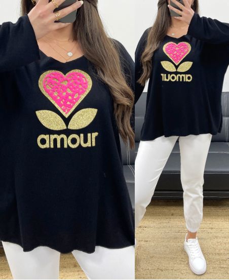 LOOSE LIGHTWEIGHT SWEATER FLOCKING LOVE PE0298 BLACK