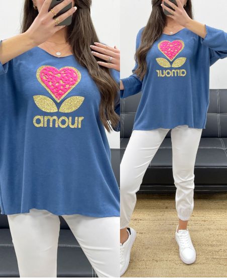 LOOSE SWEATER LIGHT FLOCKING LOVE PE0298 BLUE