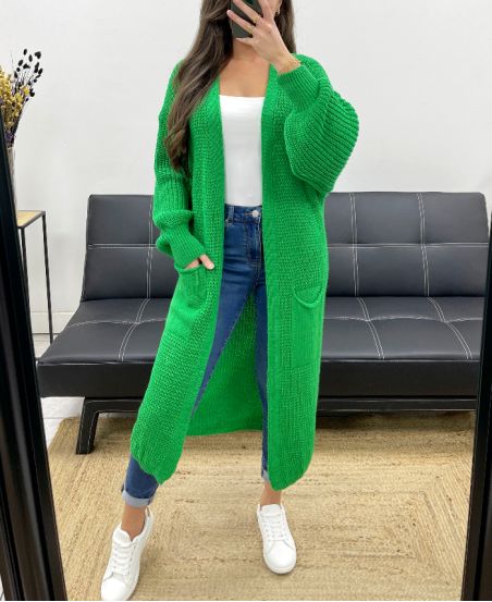 GILET LONG MAILLE 2 POCHES PE0032 VERT SAPIN