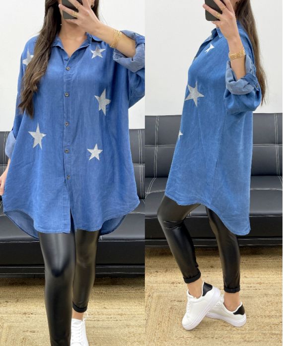 OVERSIZED TENCEL STAR HEMD SS1060 DUNKELBLAU