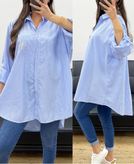 CAMICIA OVERSIZE A RIGHE BLU STRASS STAR PE1061