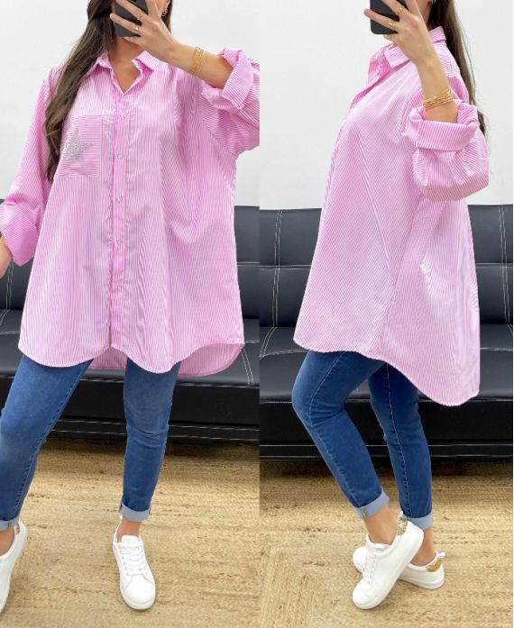 CAMICIA OVERSIZE A RIGHE CON STELLA IN STRASS PE1061 ROSA