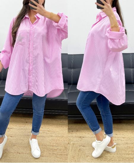 CAMICIA OVERSIZE A RIGHE CON STELLA IN STRASS PE1061 ROSA