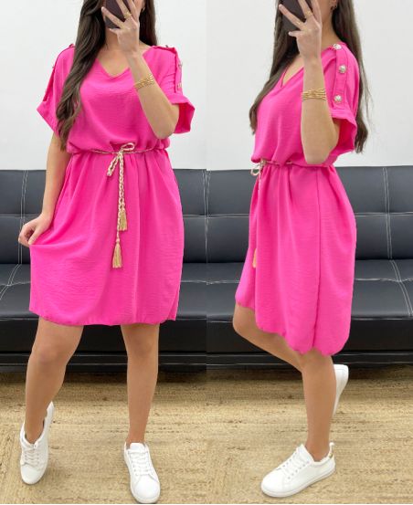 OFF-THE-SHOULDER DRESS WITH BUTTONS PE785 FUSHIA