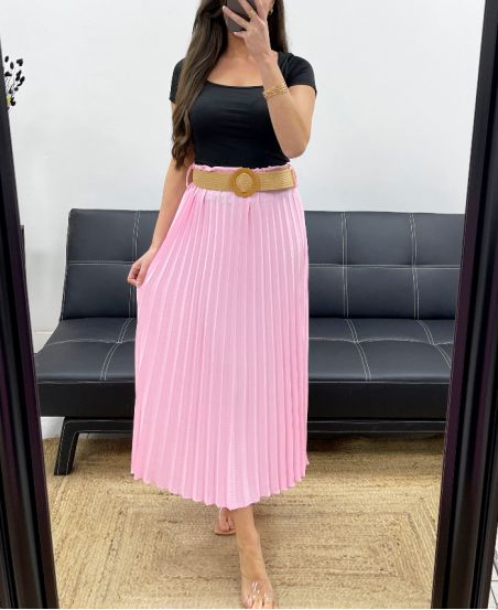 FALDA PLISADA + CINTURÓN PE1094 ROSA