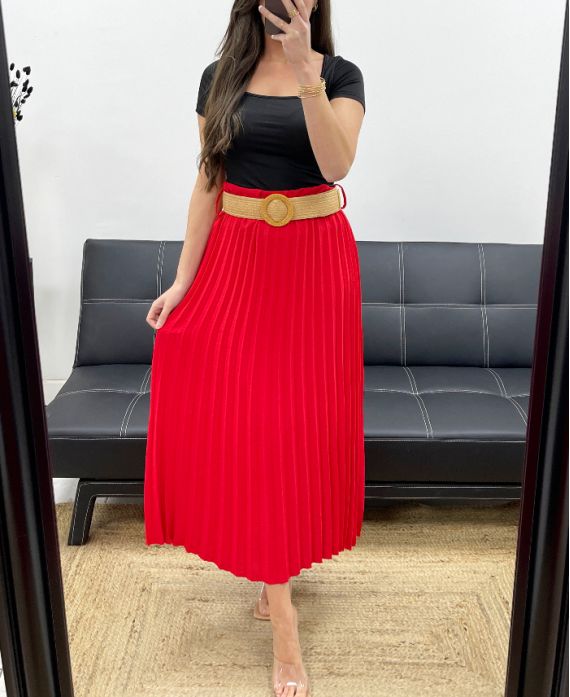 FALDA PLISADA + CINTURÓN PE1094 ROJO