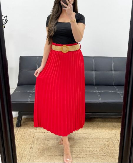 FALDA PLISADA + CINTURÓN PE1094 ROJO