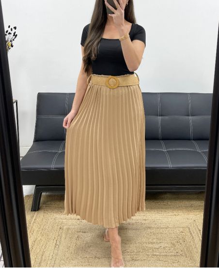 FALDA PLISADA + CINTURÓN PE1094 CAMEL