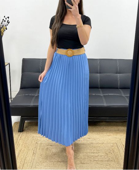 JUPE PLISSEE + CEINTURE PE1094 BLEU CIEL