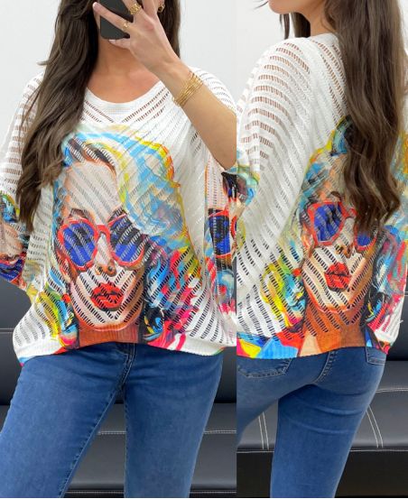 MAGLIA TRAFORATA STAMPATA PE1137 BIANCO