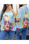 BEDRUCKTER DURCHBROCHENER STRICKPULLOVER SS1137 HIMMELBLAU