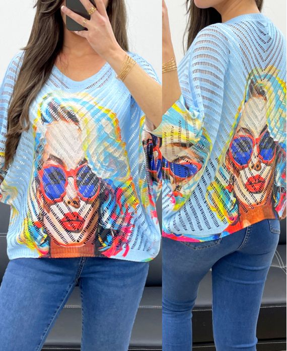 JERSEY DE PUNTO CALADO ESTAMPADO SS1137 AZUL CIELO