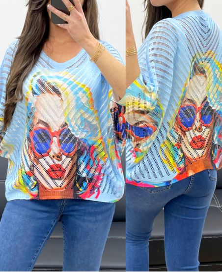JERSEY DE PUNTO CALADO ESTAMPADO SS1137 AZUL CIELO