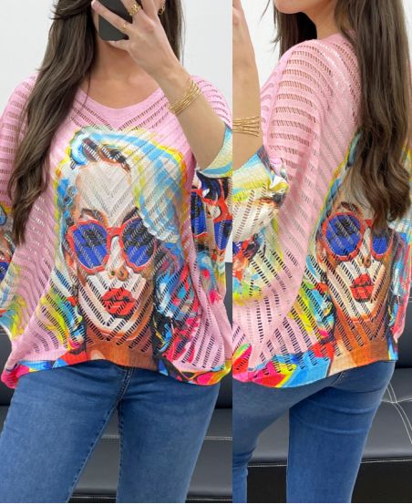 MAGLIA TRAFORATA STAMPATA PE1137 ROSA
