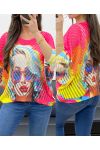 PE1137 FUSHIA BEDRUCKTER DURCHBROCHENER STRICKPULLOVER