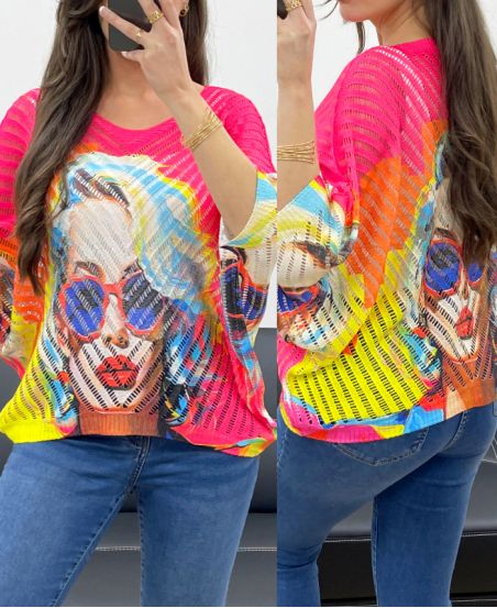 PE1137 FUSHIA PRINTED OPENWORK KNIT SWEATER