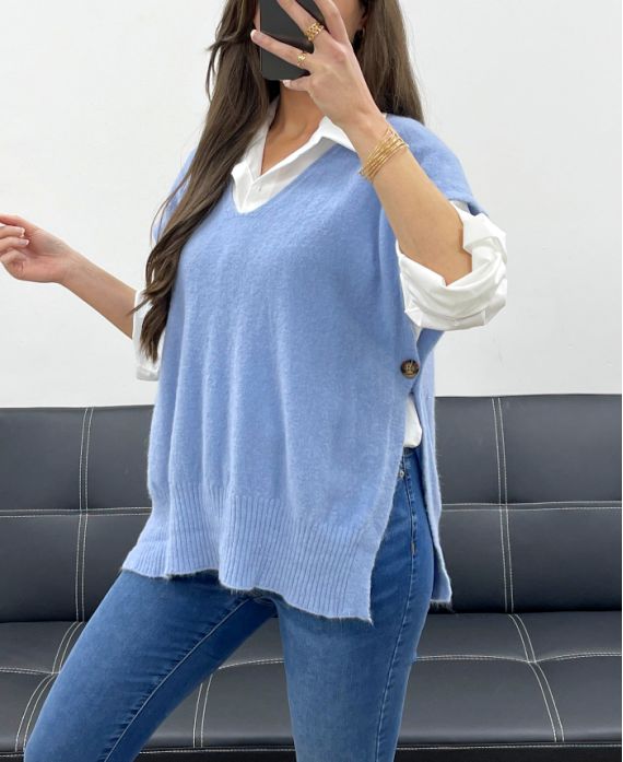 WEICHER ÄRMELLOSER PULLOVER MIT KNÖPFEN SS1102 BLAU JEANS