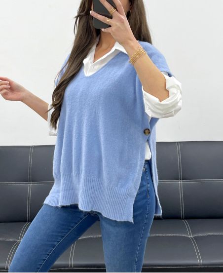 WEICHER ÄRMELLOSER PULLOVER MIT KNÖPFEN SS1102 BLAU JEANS