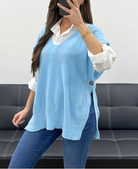 SOFT SLEEVELESS SWEATER WITH BUTTONS SS1102 SKY BLUE
