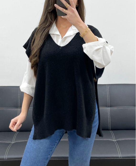 SOFT SLEEVELESS SWEATER WITH BUTTONS SS1102 BLACK