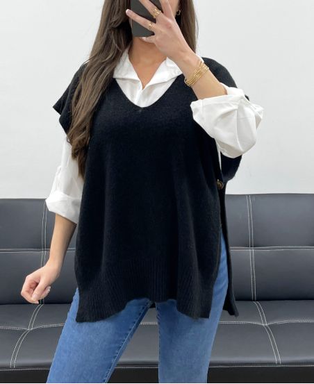 SOFT SLEEVELESS SWEATER WITH BUTTONS SS1102 BLACK