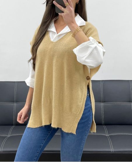 WEICHER ÄRMELLOSER PULLOVER MIT KNÖPFEN PE1102 CAMEL