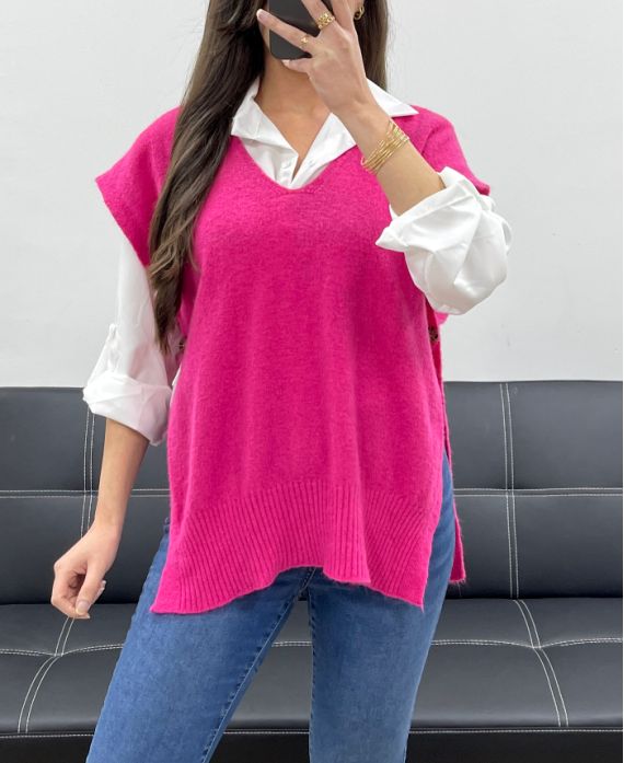 SOFT SLEEVELESS SWEATER WITH BUTTONS SS1102 FUSHIA