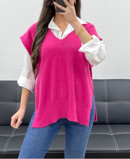 SOFT SLEEVELESS SWEATER WITH BUTTONS SS1102 FUSHIA