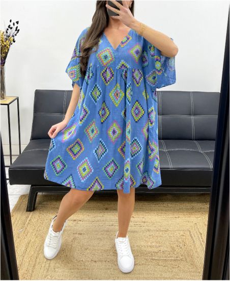 ABITO OVERSIZE IN GARZA DI COTONE CON STAMPA PE1040 BLU