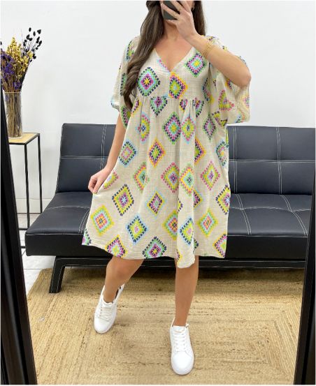 OVERSIZED KATOENEN GAAS JURK BEDRUKT PE1040 BEIGE
