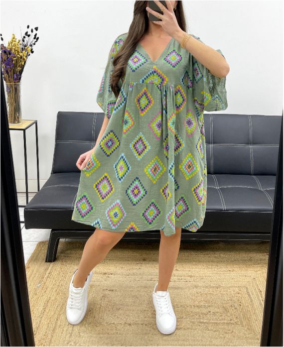 OVERSIZED COTTON GAUZE DRESS WITH PRINT PE1040 KAKI