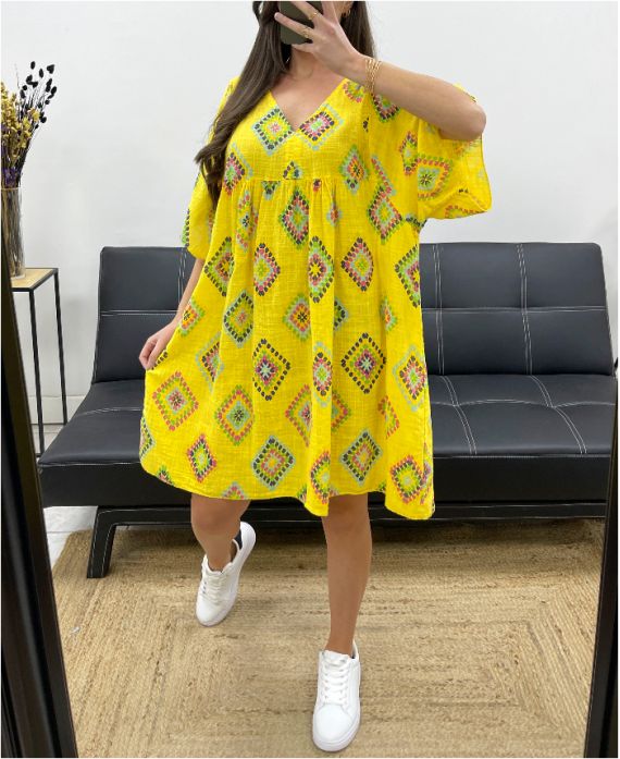 ABITO OVERSIZE IN GARZA DI COTONE STAMPATO PE1040 GIALLO