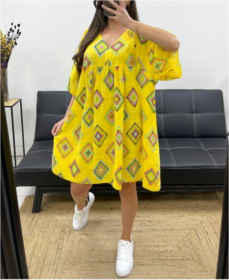 ABITO OVERSIZE IN GARZA DI COTONE STAMPATO PE1040 GIALLO