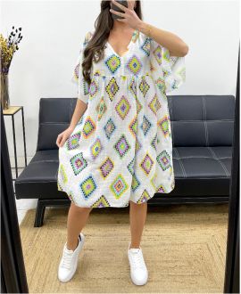 ABITO OVERSIZE IN GARZA DI COTONE STAMPATO PE1040 BIANCO