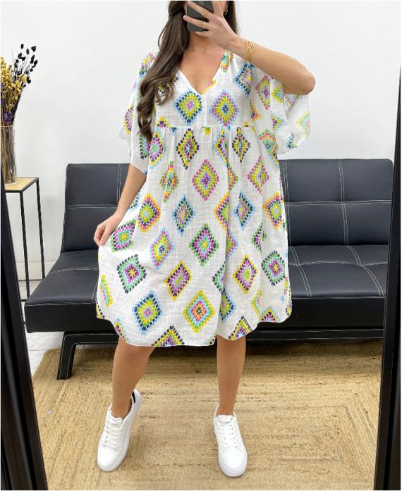 ABITO OVERSIZE IN GARZA DI COTONE STAMPATO PE1040 BIANCO