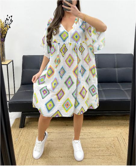 ABITO OVERSIZE IN GARZA DI COTONE STAMPATO PE1040 BIANCO