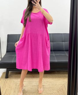 SUKIENKA Z GAZY BAWEŁNIANEJ Z 2 KIESZENIAMI PE1104 FUSHIA