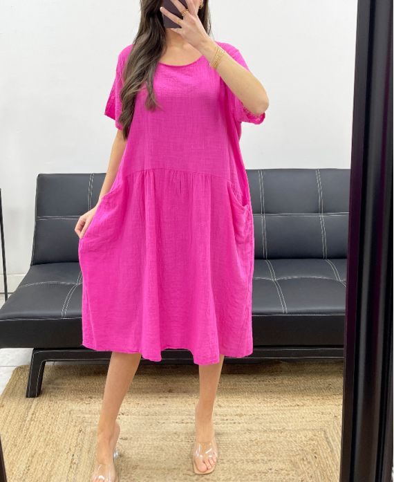 2-TASCHEN-KLEID AUS BAUMWOLLGAZE PE1104 FUSHIA
