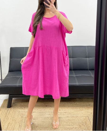 SUKIENKA Z GAZY BAWEŁNIANEJ Z 2 KIESZENIAMI PE1104 FUSHIA