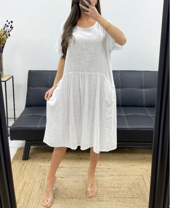 2-TASCHEN-KLEID AUS BAUMWOLLGAZE PE1104 WEISS