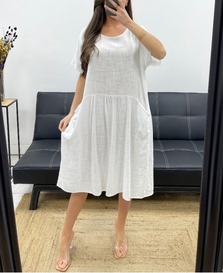 2-TASCHEN-KLEID AUS BAUMWOLLGAZE PE1104 WEISS
